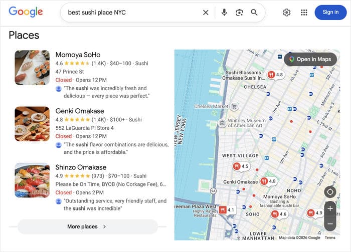 example of serp with local places - Smash Balloon Exemple de SERP avec des établissements locaux