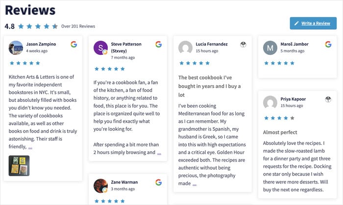 Exemplo de um feed misto de avaliações com o EDD e as avaliações do Google