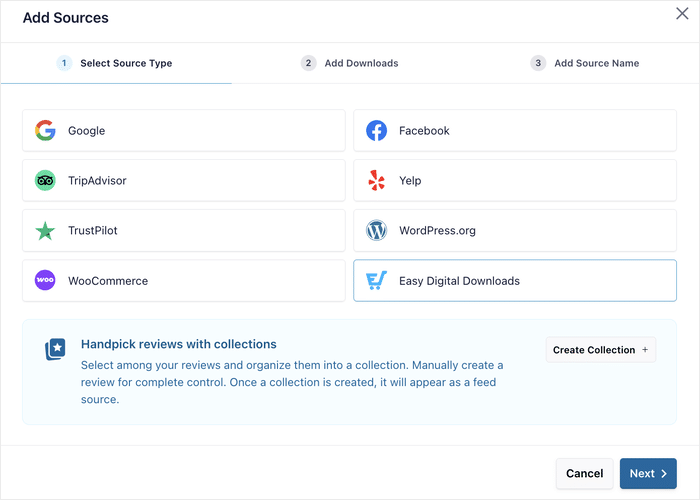select easy digital downloads as your source for review feed - Smash Balloon supported sources for reviews feed pro