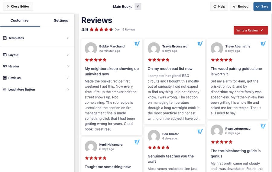 live feed editor showing edd reviews in a feed - Smash Balloon live feed editor showing edd reviews in a feed