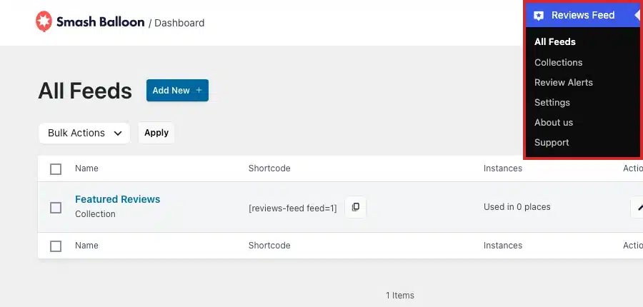 La página «All Feeds» del plugin Reviews Feed, con el menú de Reviews Feed visible en la barra lateral de WordPress
