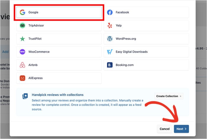 selecione uma plataforma de origem entre todas as opções disponíveis para o Reviews Feed Pro