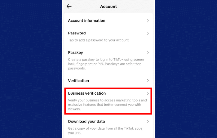 select the business verification option on tiktok - Smash Balloon Selecciona la opción de verificación de empresa en TikTok