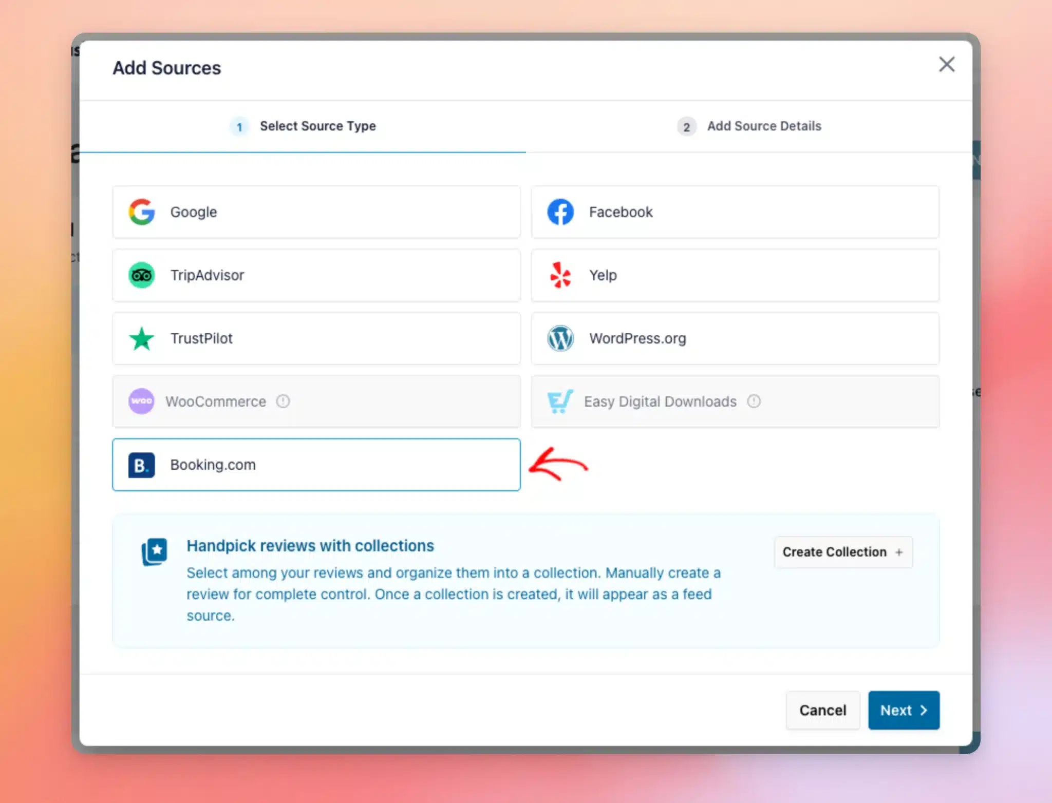 La fenêtre « Ajouter des sources » avec Booking.com sélectionné comme type de source