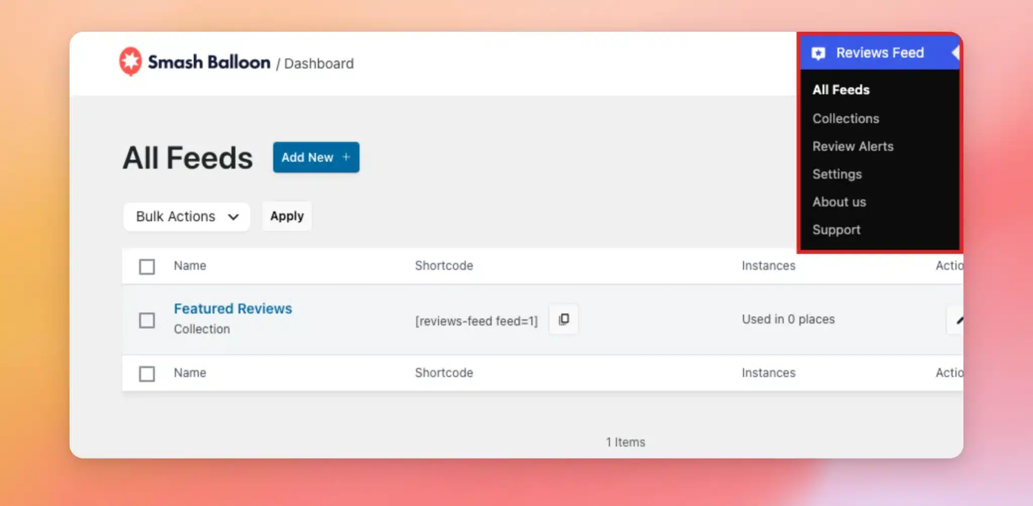 La página «All Feeds» del plugin Reviews Feed, con el menú de Reviews Feed visible en la barra lateral de WordPress