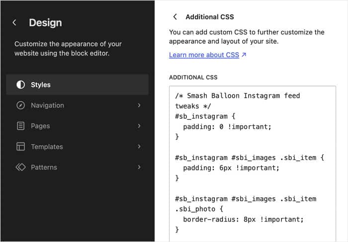 example of a custom css used for smash balloon - Smash Balloon Beispiel für ein benutzerdefiniertes CSS, das für „Smash Balloon“ verwendet wird
