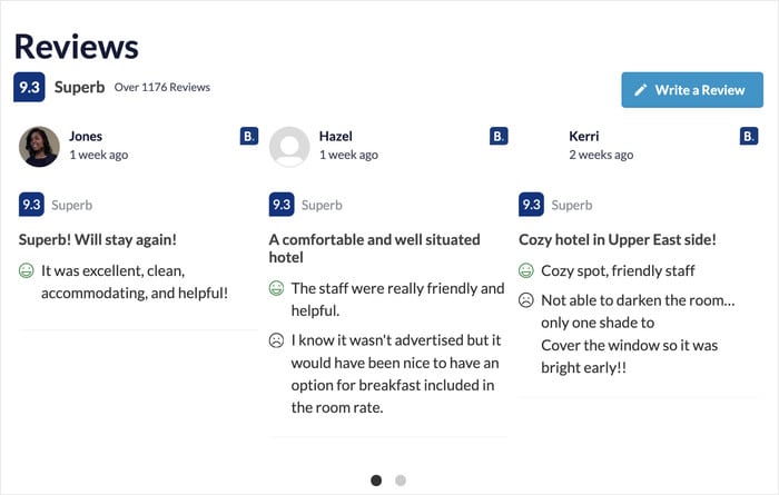 Exemplo de um feed de comentários do Booking.com