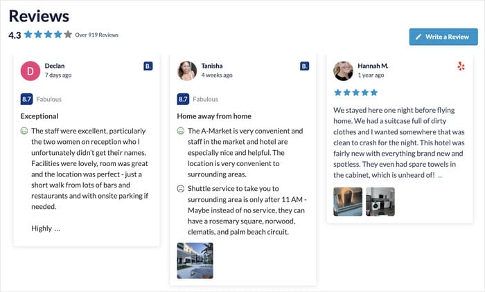 exemplo de um feed misto de avaliações com o Yelp e o Booking