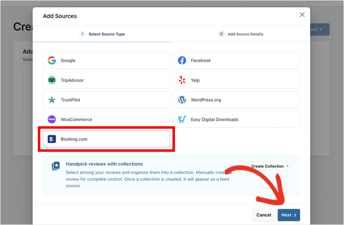 selecione o booking.com como fonte do seu feed de avaliações
