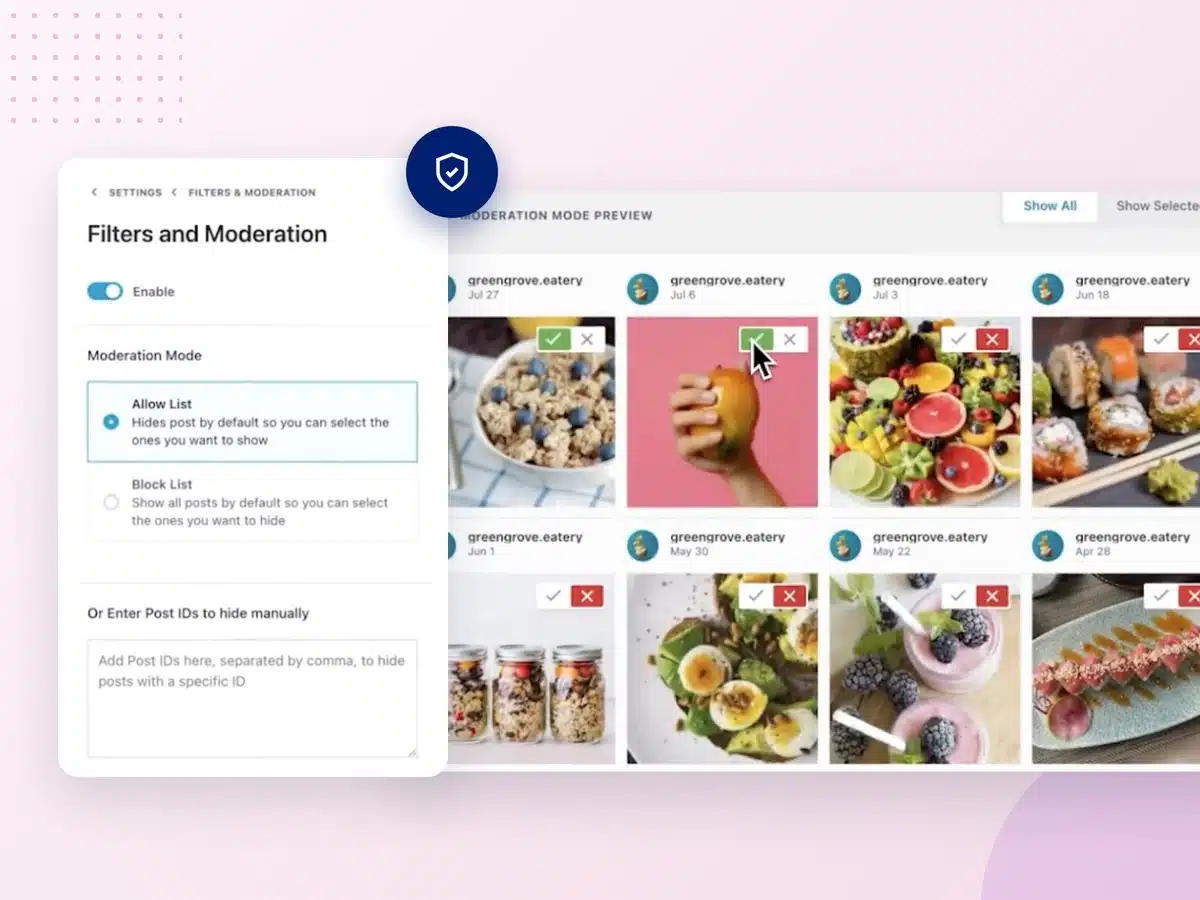 Schermata avanzata di moderazione dei feed e filtraggio delle parole chiave
