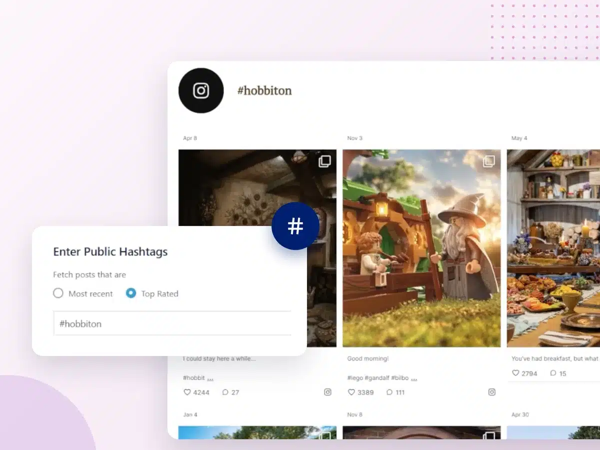 Foto dei clienti tratte da un feed Instagram con tag e hashtag come prova sociale