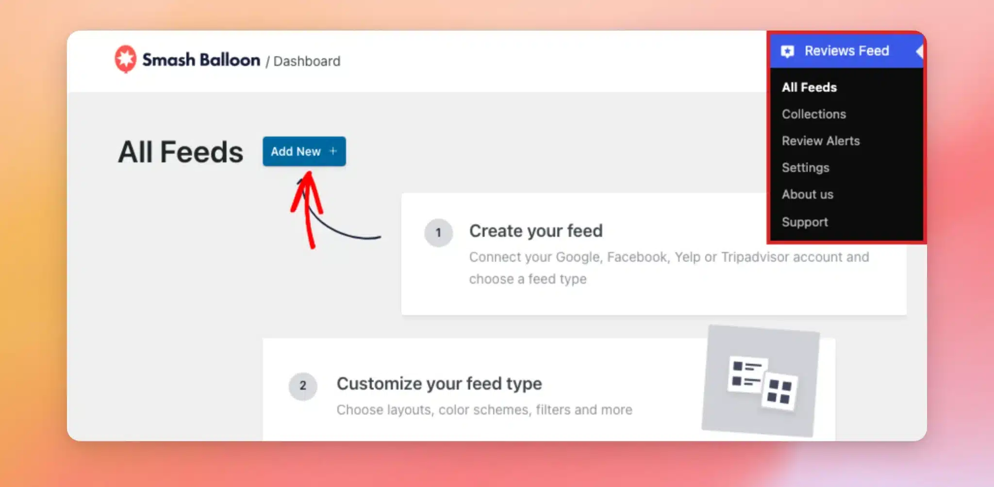La page « Tous les flux » dans « Flux d'avis », avec le menu « Flux d'avis » ouvert dans la barre latérale de WordPress