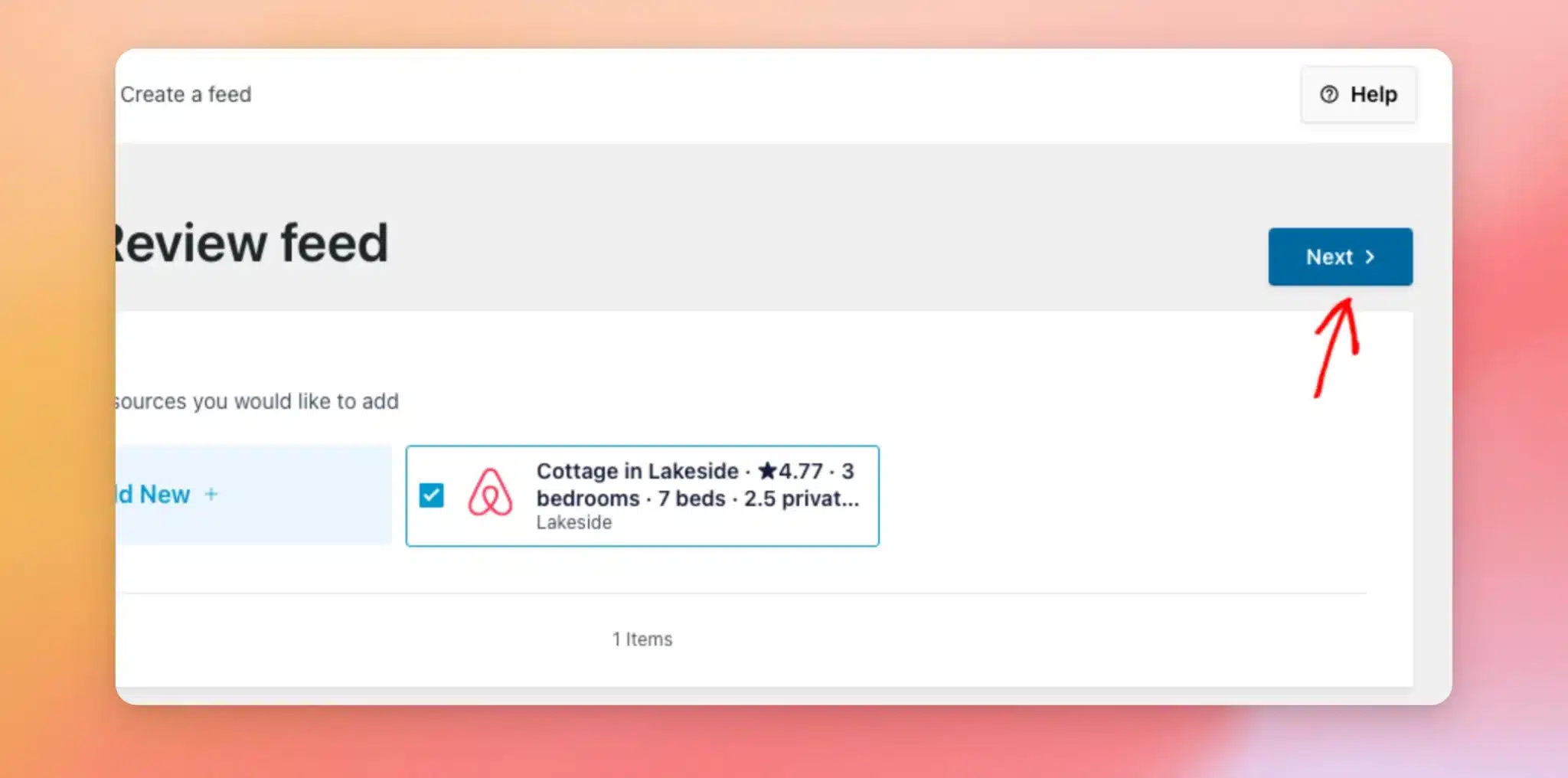 La source Airbnb sélectionnée via la case à cocher cochée sur l'écran « Ajouter une source »
