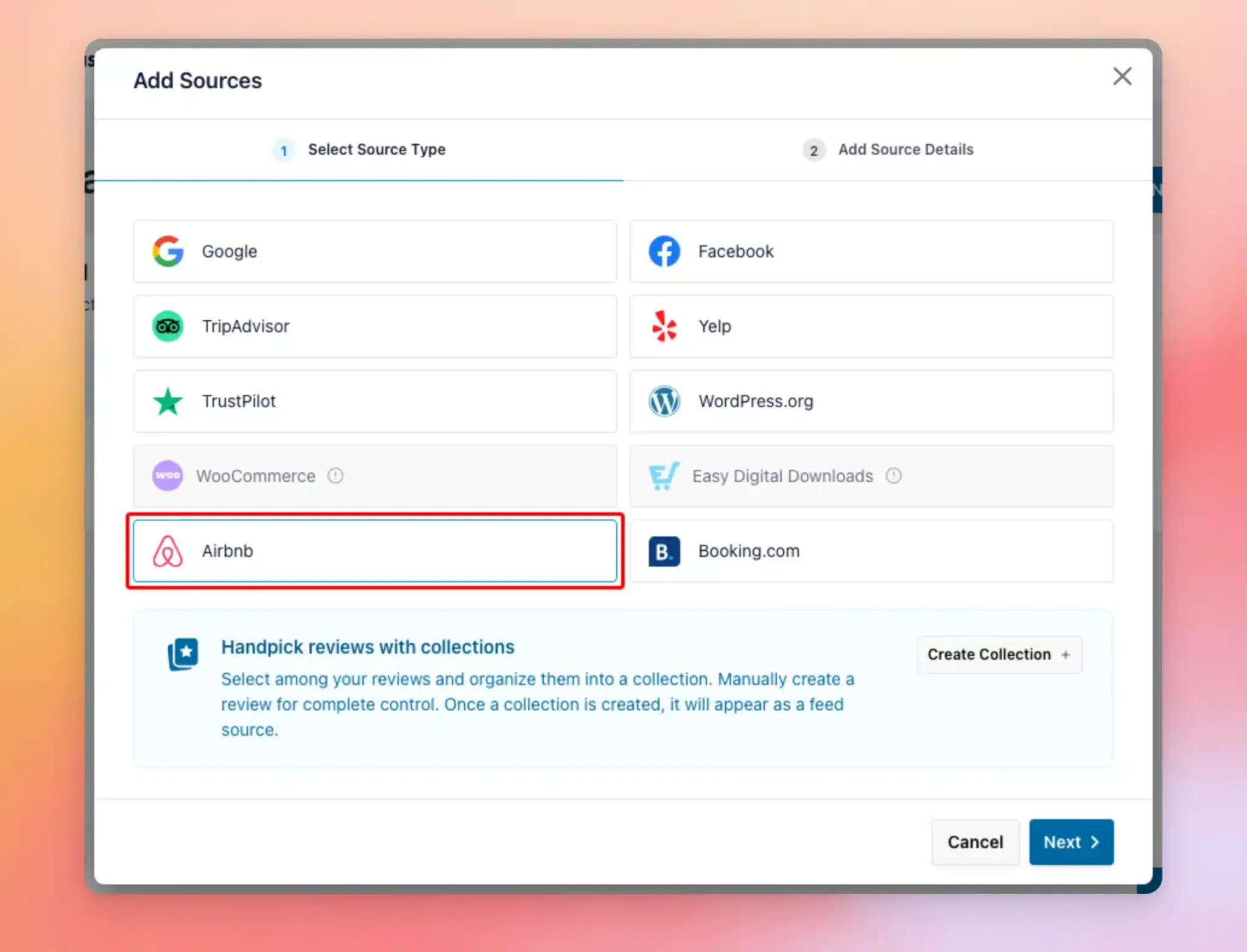 La fenêtre « Ajouter des sources » avec Airbnb sélectionné comme type de source