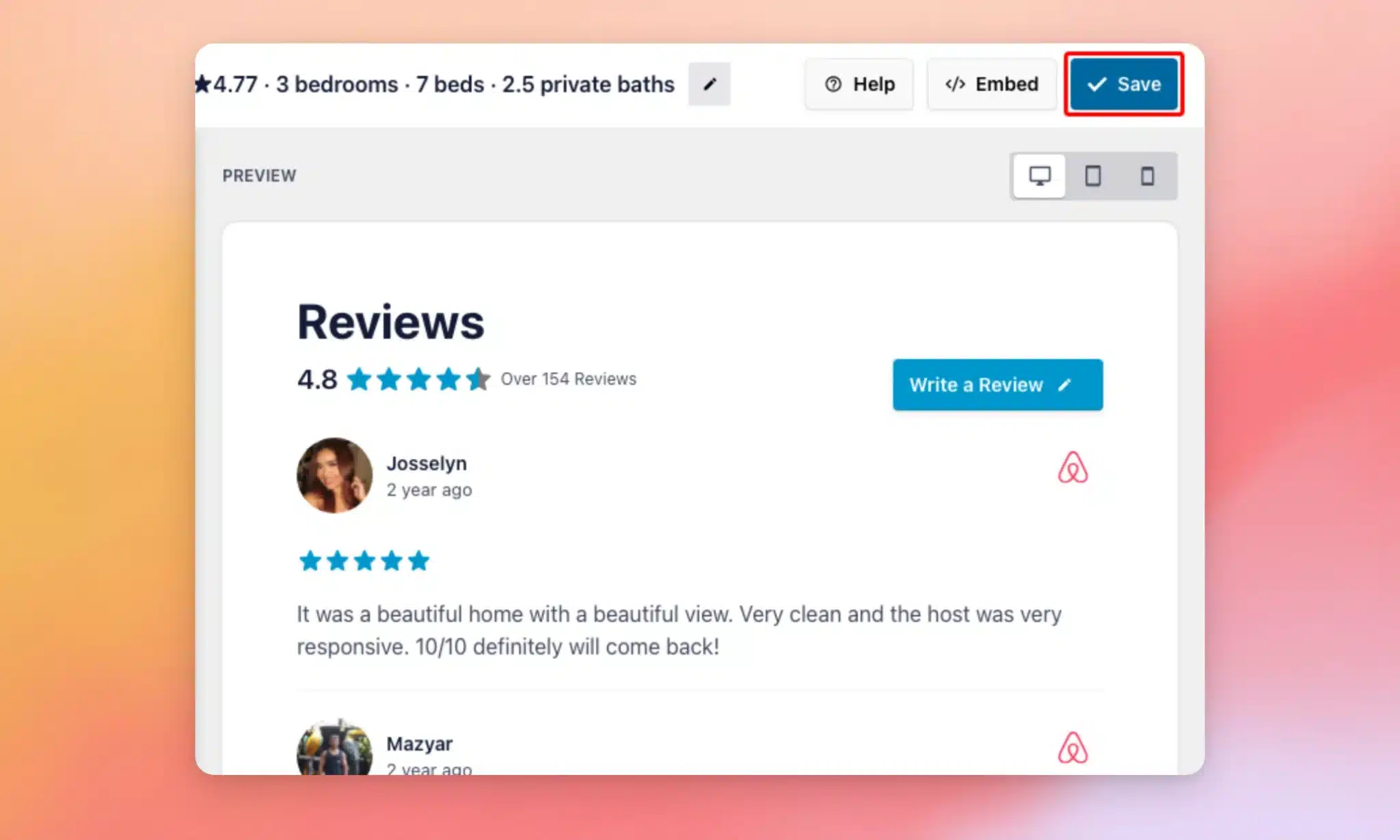 L'éditeur de flux affichant un aperçu en direct des avis Airbnb, avec le bouton « Enregistrer »