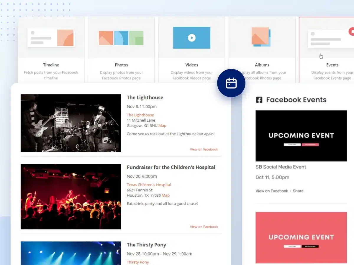 Selettore del tipo di feed "Facebook Feed Pro" con l'opzione "Eventi" selezionata, accanto a un elenco di eventi in programma e a un widget degli eventi nella barra laterale