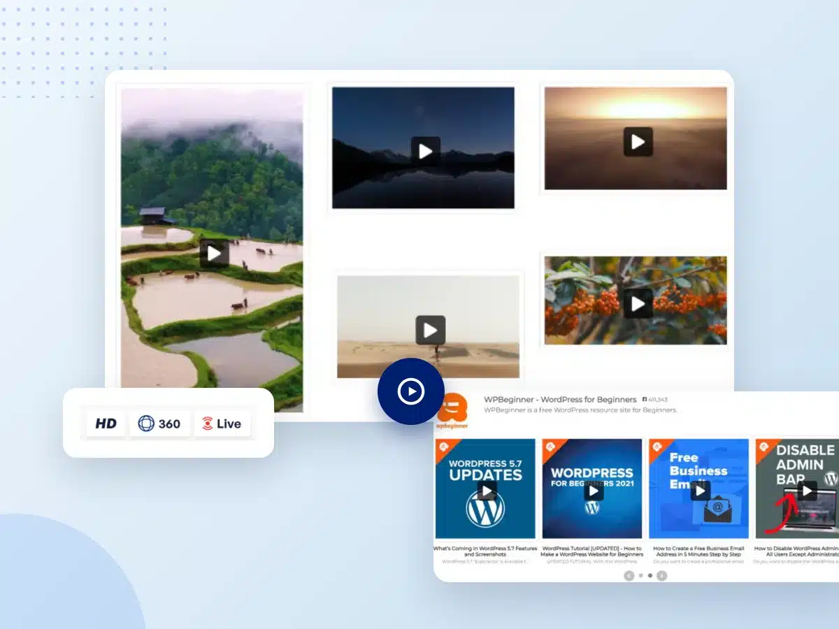 Video di Facebook Feed Pro in una griglia a blocchi e in un carosello, con supporto per i formati HD, 360° e Live