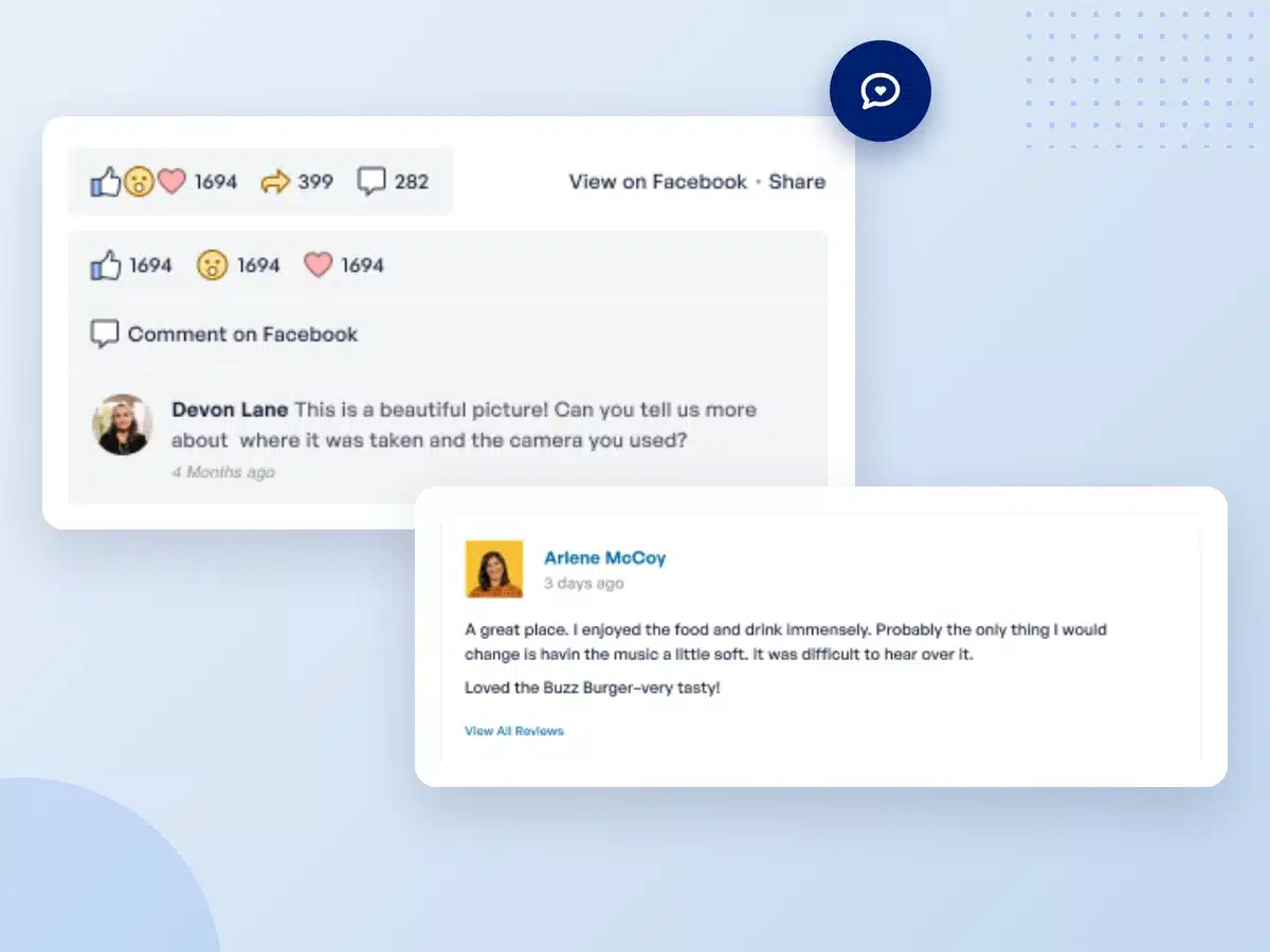 Facebook Feed Pro mostra il numero di "Mi piace", condivisioni e commenti di un post, insieme a un commento reale e a una recensione di un cliente