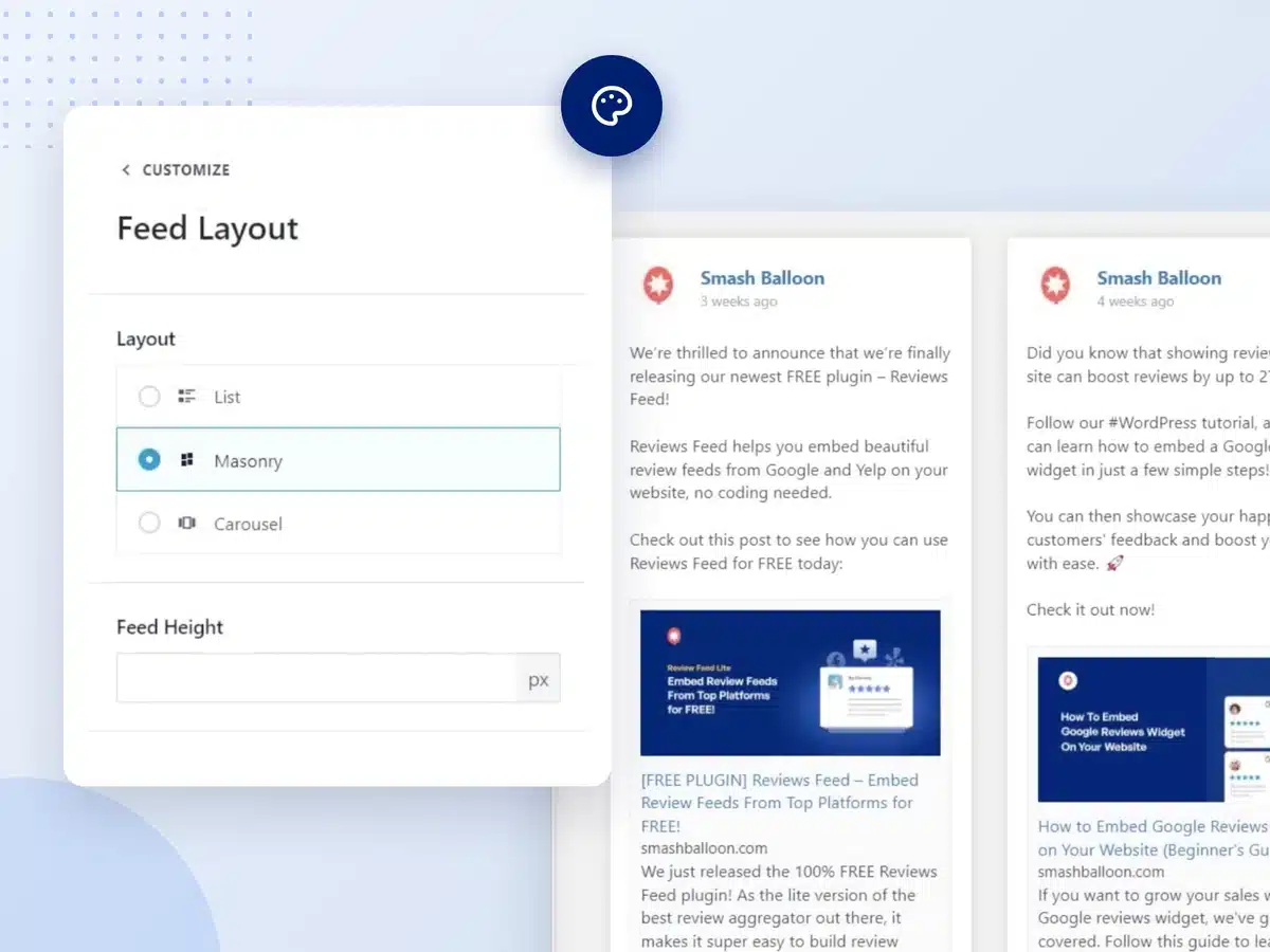 Pannello "Layout feed" di Facebook Feed Pro con l'opzione "Masonry" selezionata, accanto a un'anteprima in tempo reale dei post di Facebook disposti secondo lo schema "Masonry"
