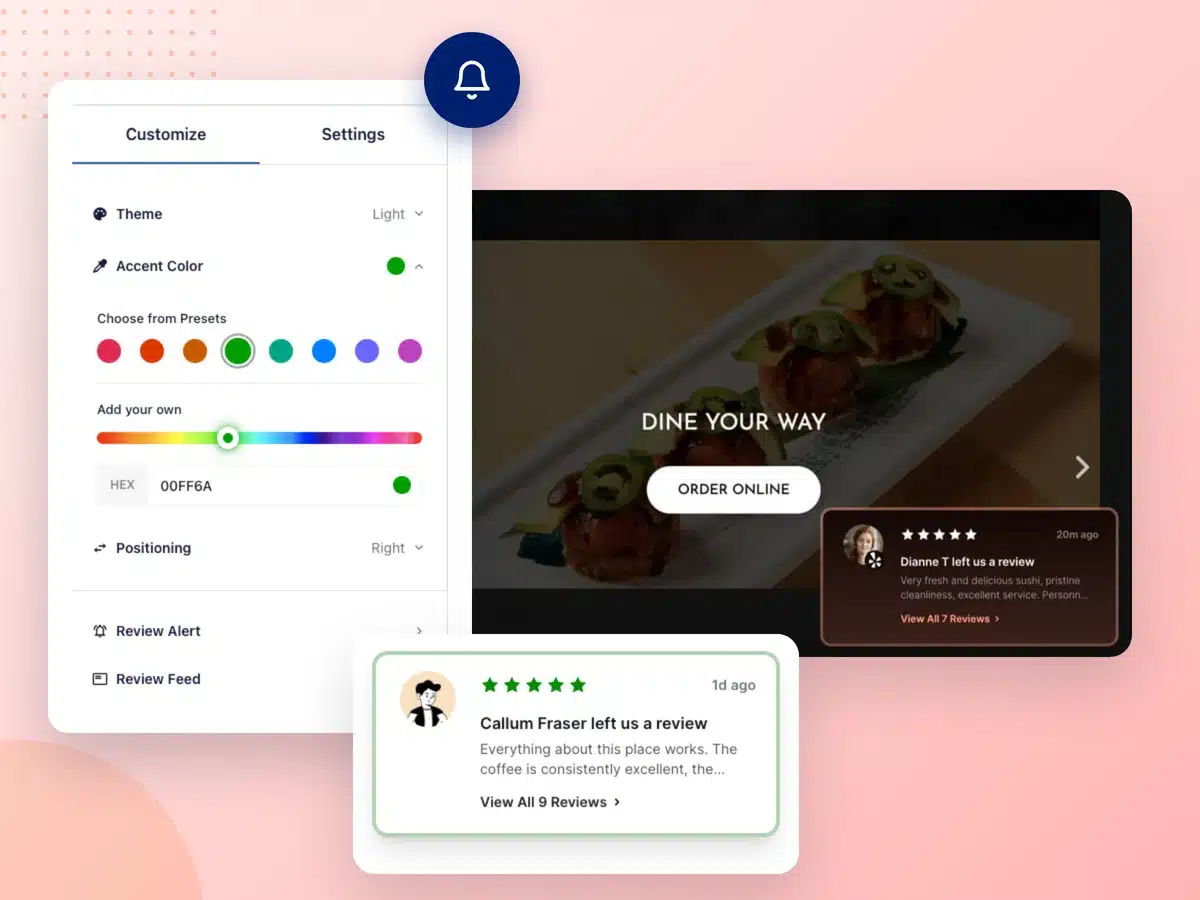 Strumento di personalizzazione di Review Feed Pro accanto ai popup di notifica delle recensioni, con tema abbinato a due siti web