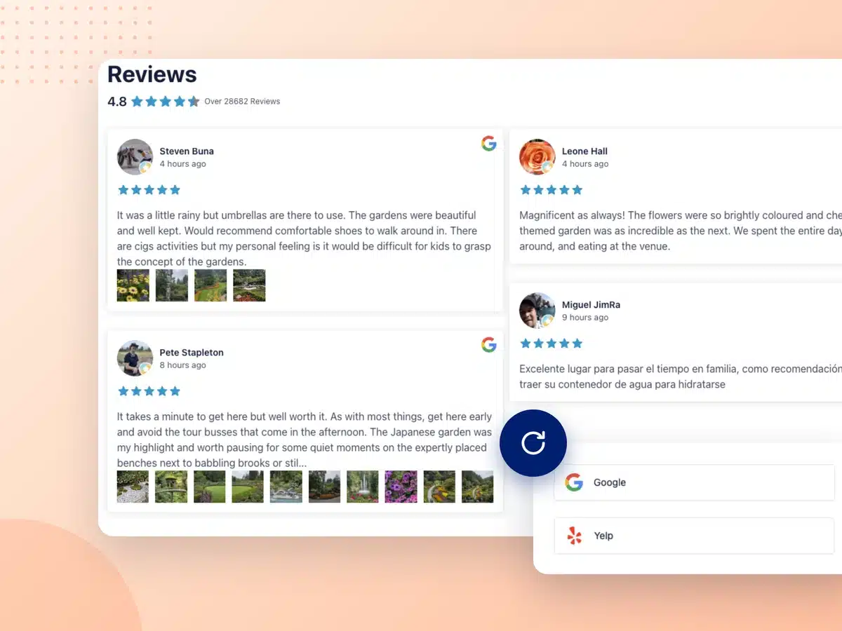Feed "Reviews Feed Pro" contenente migliaia di recensioni di Google, con opzioni di provenienza da Google e Yelp