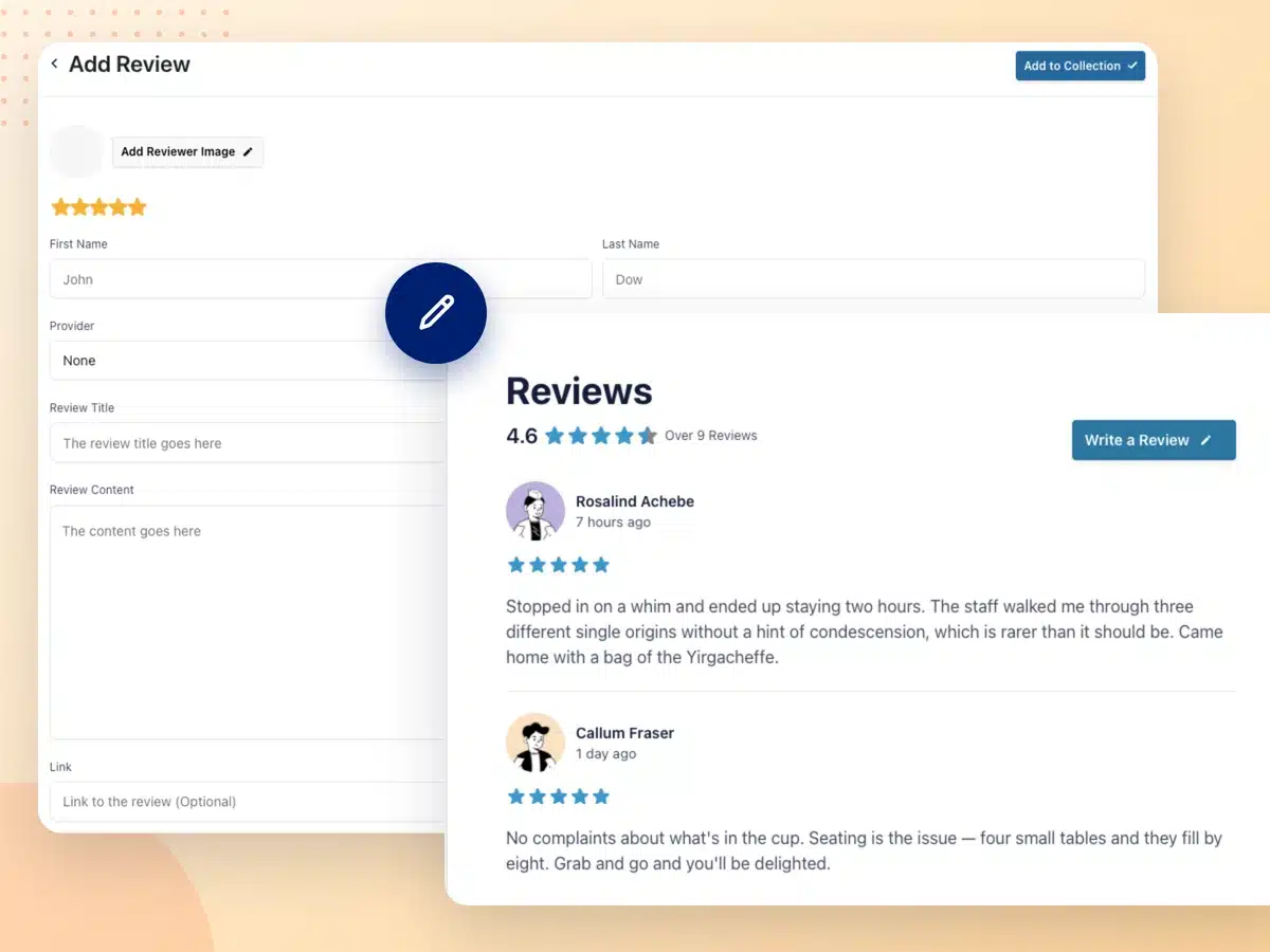 Modulo "Aggiungi recensione" di Reviews Feed Pro accanto al feed di un sito web, con due recensioni aggiunte manualmente