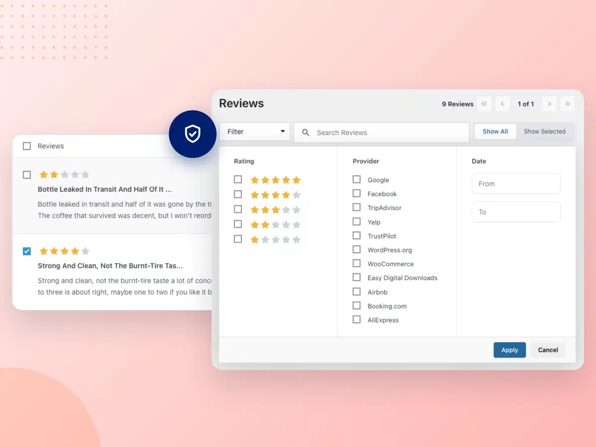 Filtri di moderazione di Reviews Feed Pro con caselle di selezione per la valutazione a stelle e recensioni approvate singolarmente