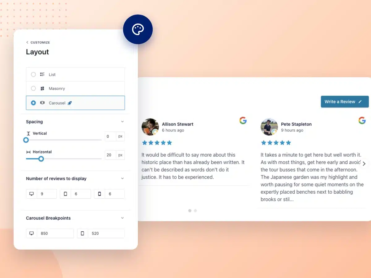 Impostazioni di layout di Reviews Feed Pro: personalizzazione dello stile di un carosello di recensioni di Google con il pulsante “Scrivi una recensione”