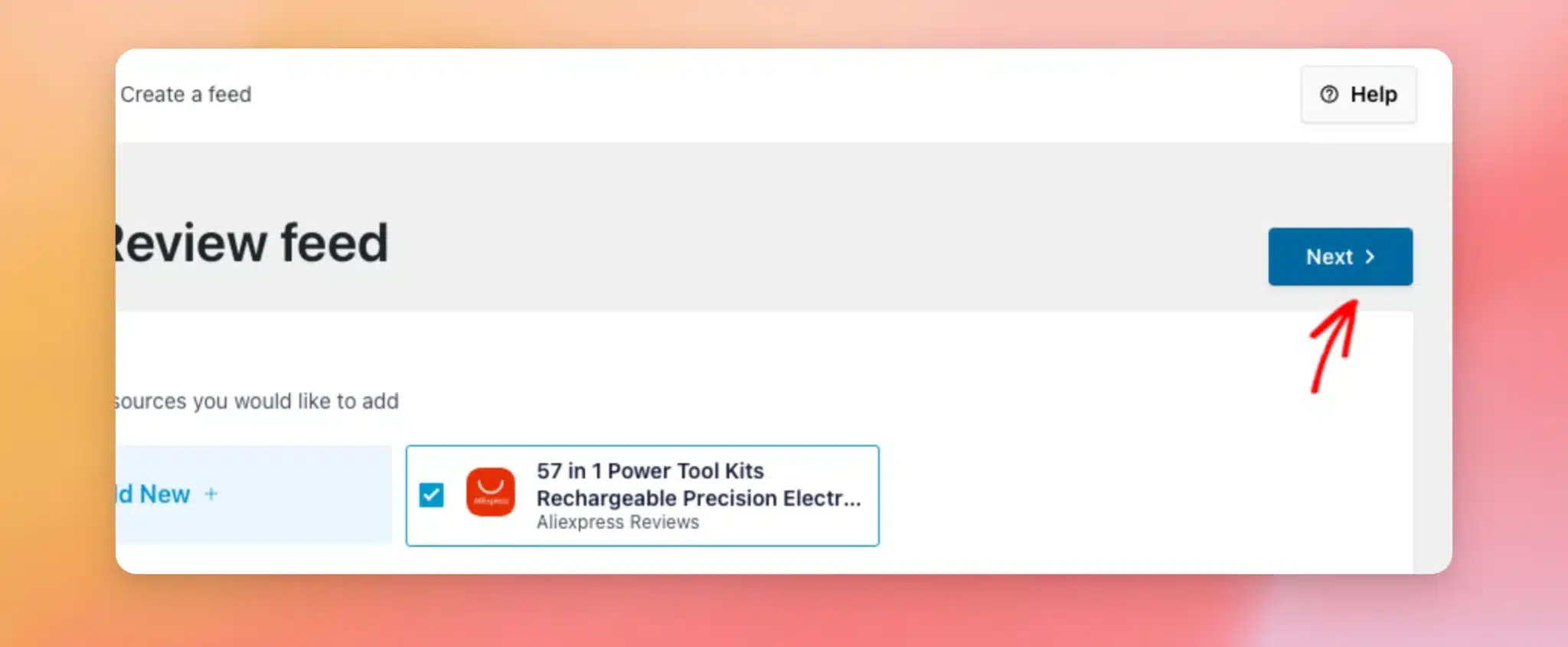A fonte do AliExpress selecionada com a caixa de seleção marcada no ecrã «Adicionar fonte»