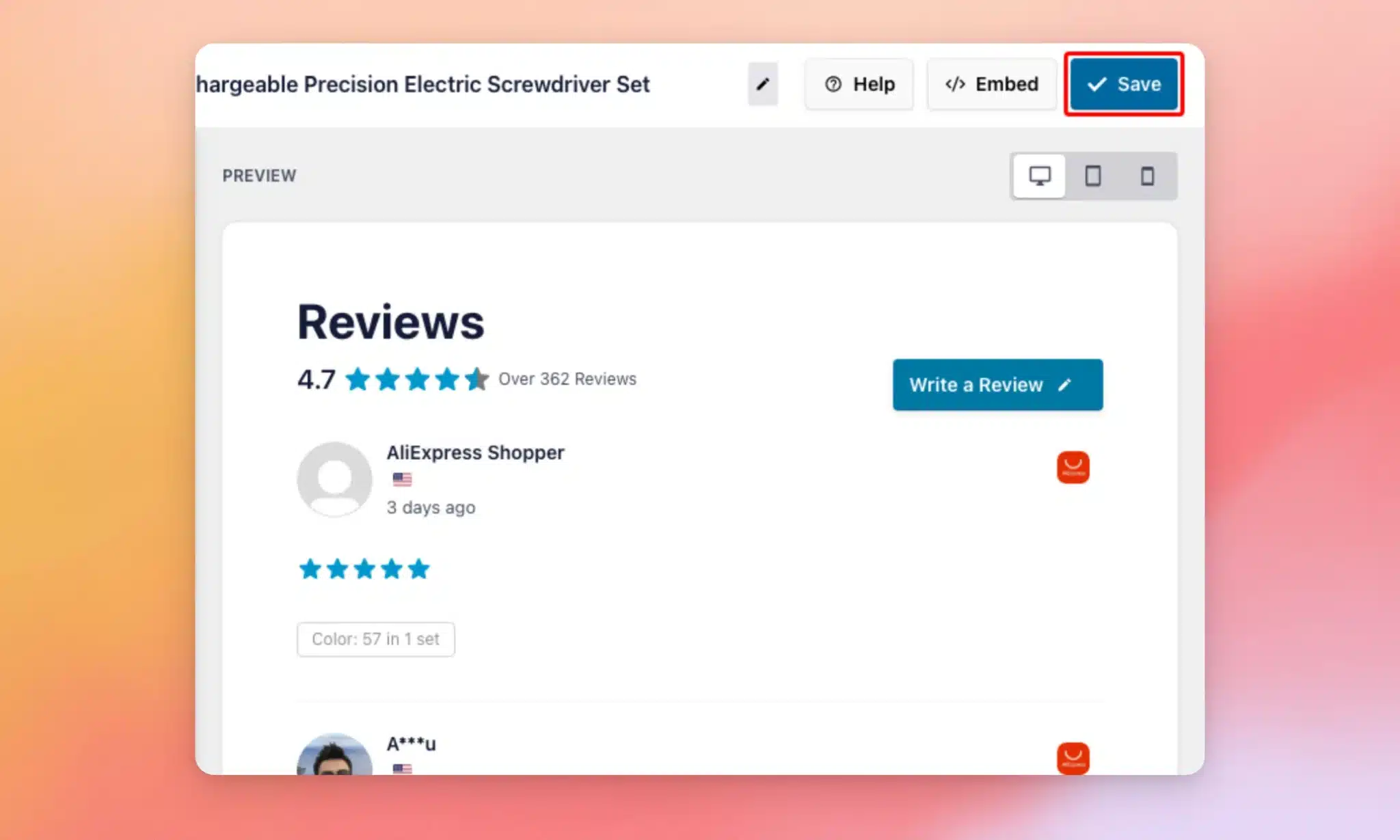 O editor de feed que apresenta uma pré-visualização em tempo real das avaliações do AliExpress, com o botão «Guardar»