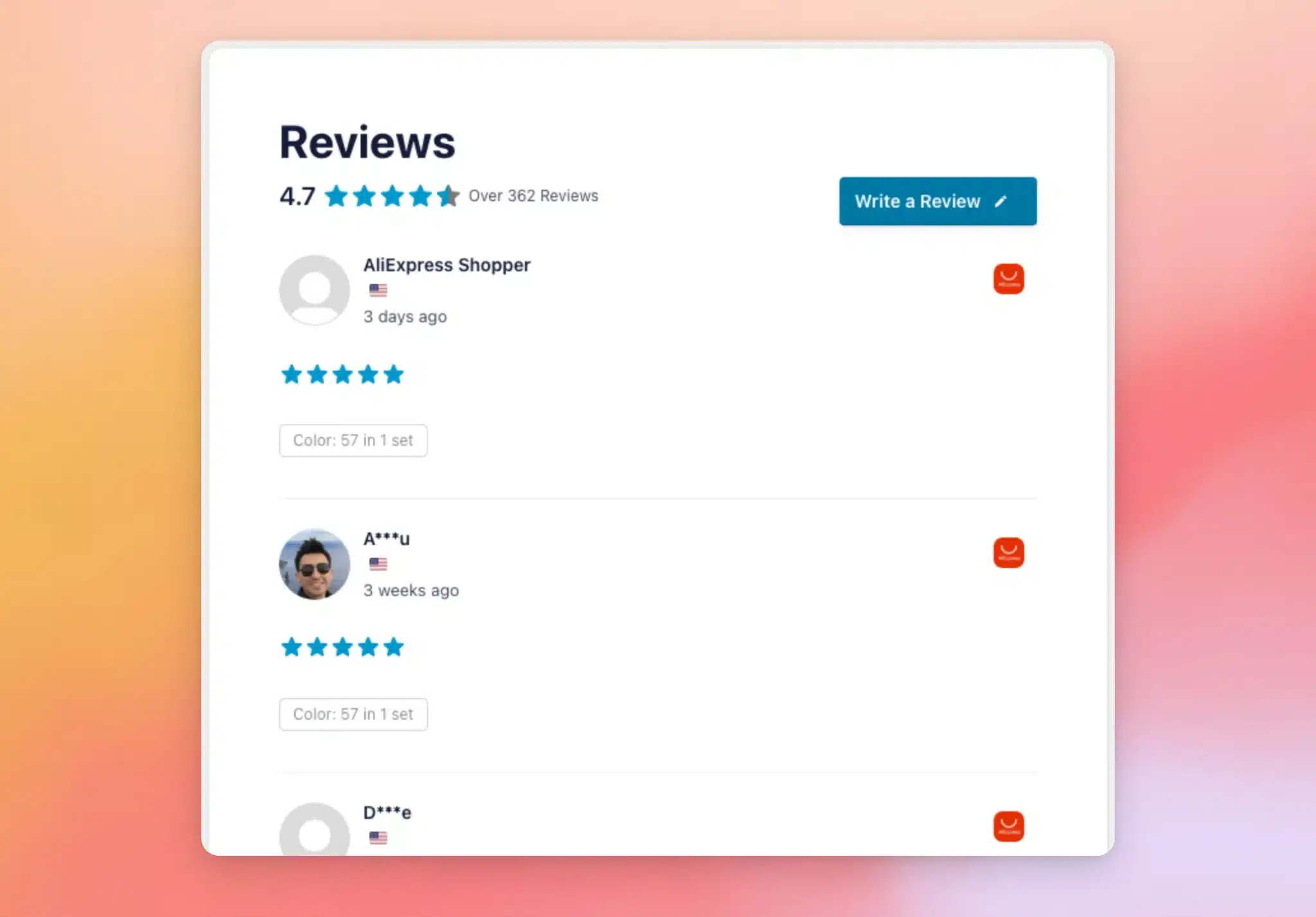 Um feed de avaliações do AliExpress que mostra as classificações por estrelas dos compradores, os seus nomes, as bandeiras dos países e as opções de produtos