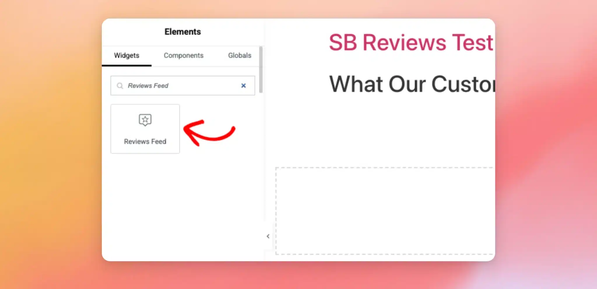 Buscar el widget «Feed de reseñas» en el panel de Elementor