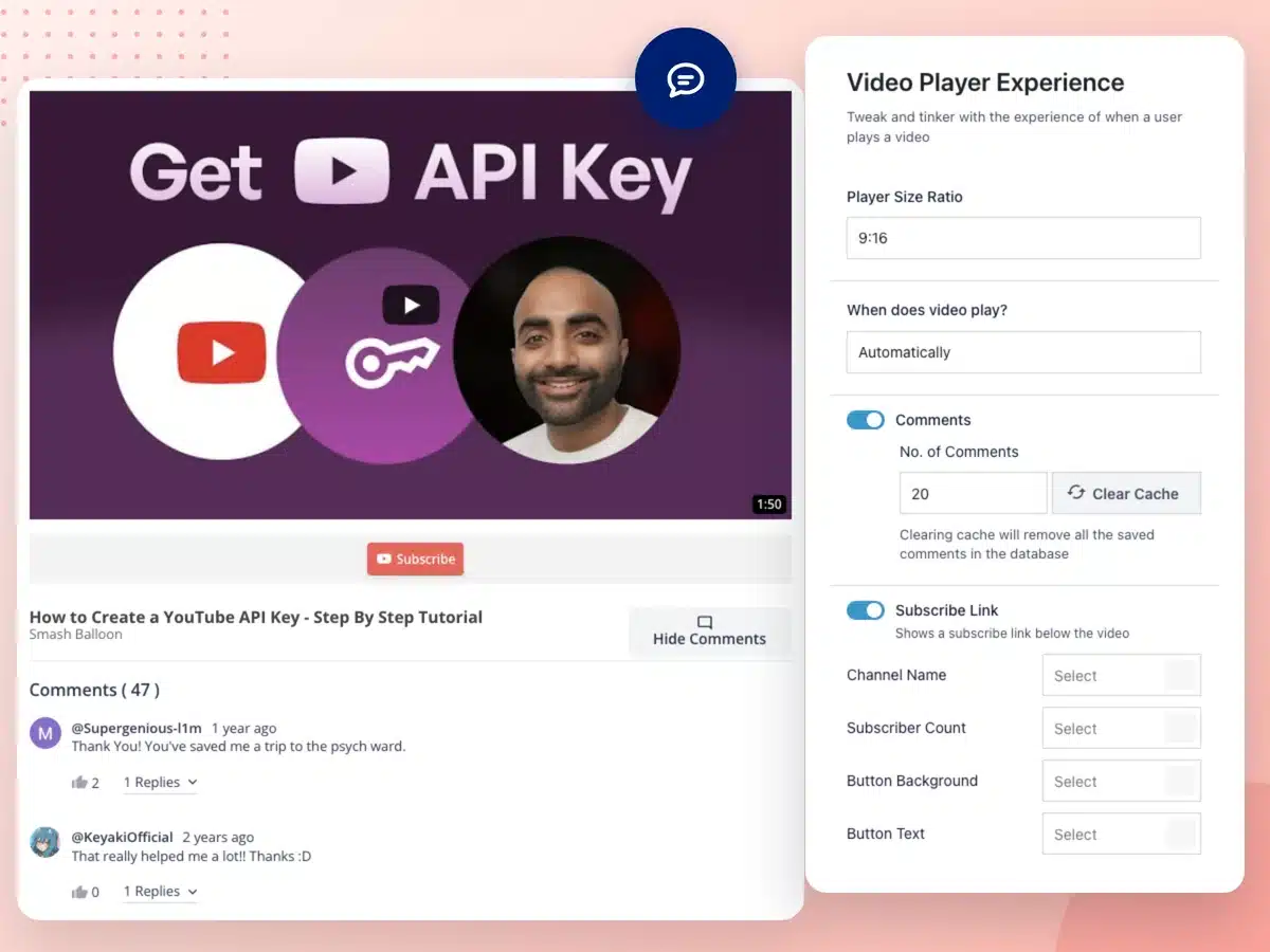 Un vídeo de YouTube Feed Pro que se reproduce en una página con 47 comentarios debajo, junto a la configuración de la experiencia del reproductor de vídeo