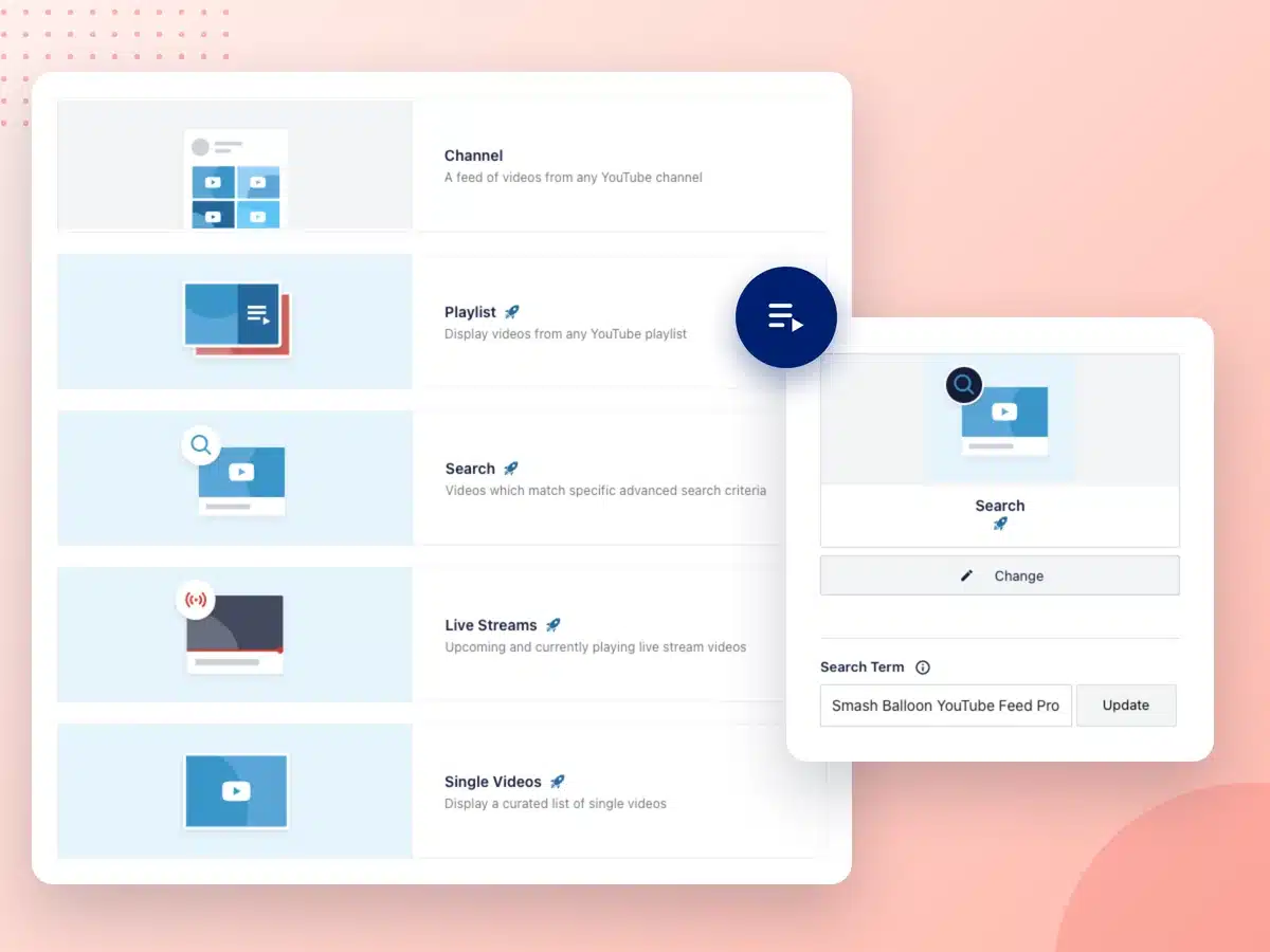 YouTube Feed Pro ofrece como fuentes «Canal», «Lista de reproducción», «Búsqueda», «Transmisiones en directo» y «Vídeos individuales», además de la introducción de un término de búsqueda.