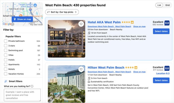 example of listings on booking.com - Smash Balloon example of listings on booking.com