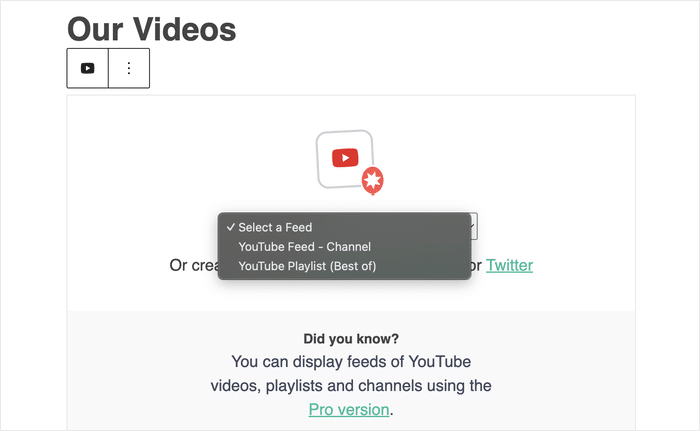youtube feed selector option in the new widget
