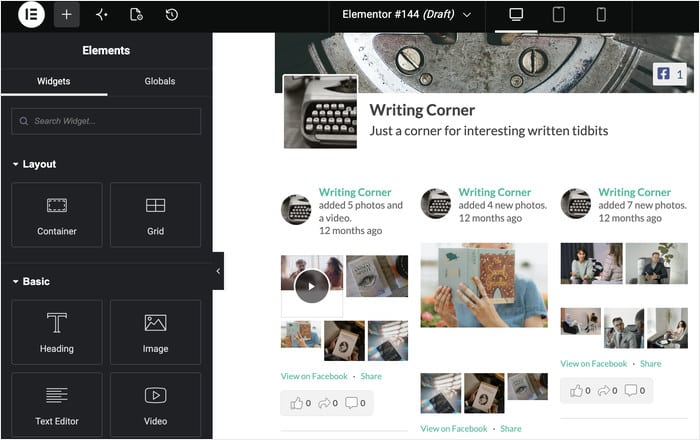 elementor live editor to edit layout of widgets