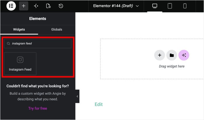find your feed widget using elementor search bar