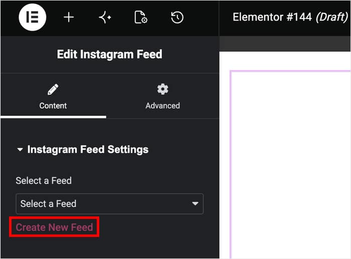 Screenshot of the Elementor Edit Instagram Feed panel: left sidebar shows Instagram Feed Settings with a Select a Feed dropdown and a red-highlighted Create New Feed link