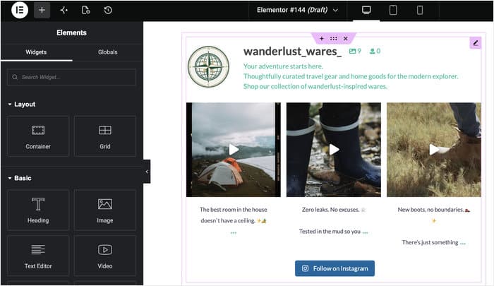 elementor editor showing a live preview of an instagram feed