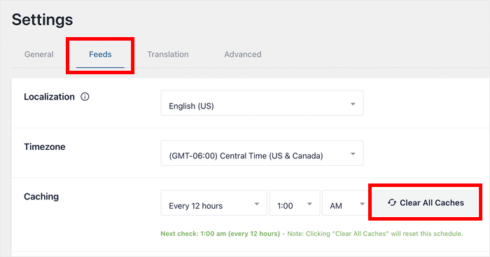 clear cache for the facebook feed pro plugin from settings