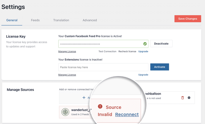 reconnect source for facebook feed plugin