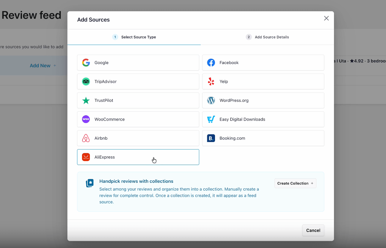 Modal window titled Add Sources showing a two-column list of source cards (Google, Facebook, TripAdvisor, Yelp, TrustPilot, WordPress.org, WooCommerce, Easy Digital Downloads, Airbnb, Booking.com, AliExpress) with AliExpress highlighted as selected; background blurred with 'Review feed' header visible.