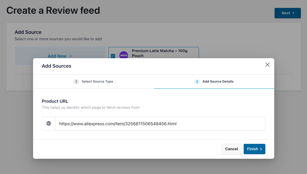 Screenshot of a web app: 'Create a Review feed' with an 'Add Sources' modal open, showing a Product URL field prefilled with an AliExpress link and Cancel/Finish buttons.