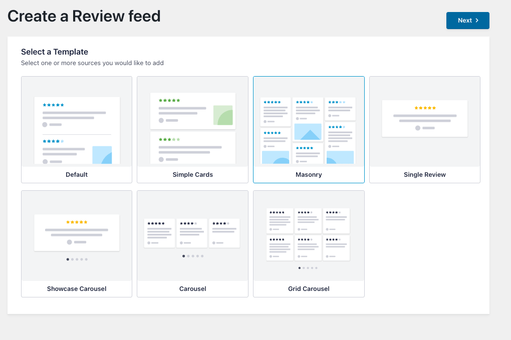 Screen shows 'Create a Review feed' with multiple template tiles: Default, Simple Cards, Masonry (selected), Single Review, Showcase Carousel, Carousel, Grid Carousel.