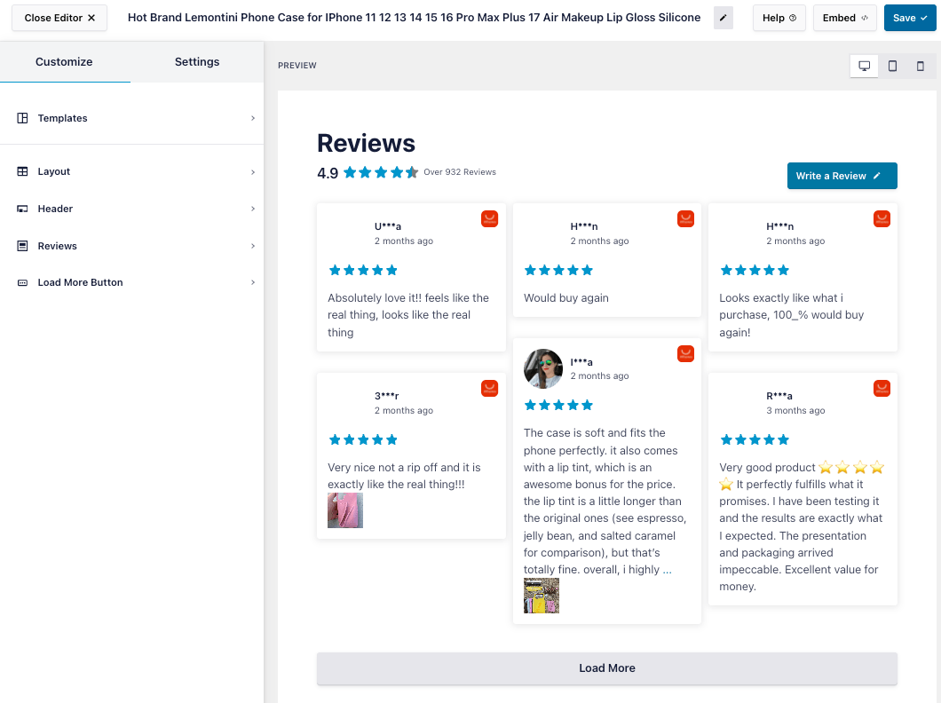 UI editor preview of a product reviews page: title 'Reviews', 4.9 rating, six review cards, 'Write a Review' button, and a left customization panel in a design tool panel.