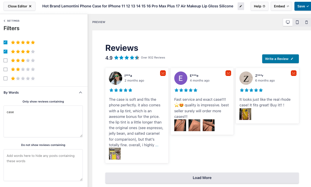 Reviews section showing a 4.9 rating from 932+ reviews with three sample user cards and a Write a Review button.