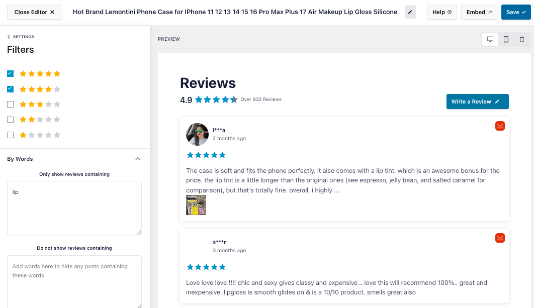 Product reviews page UI with 4.9/5 stars, two sample reviews and a 'Write a Review' button (left filters panel visible).