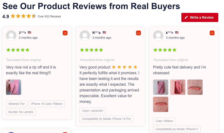 Grid of three product reviews with user avatars, star ratings, and sample images of the product.