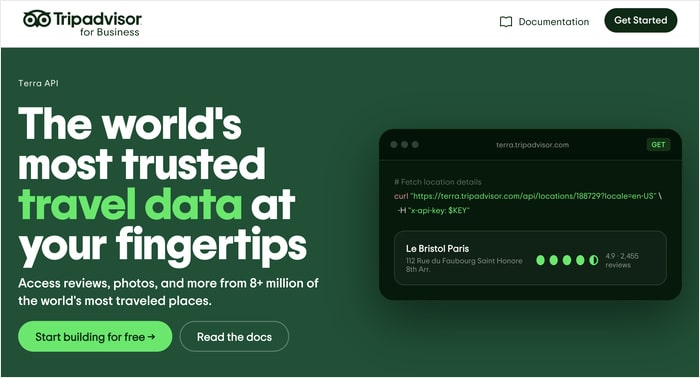 tripadvisor business api homepage with info
